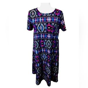 Lularoe M Carly Dress Black Pink Blue Mosaic Geometric Sweater Vtg Medium